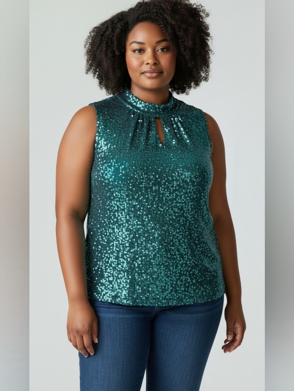 Cable And Gauge Sleeveleas Green Keyhole Sequin Top Size XL